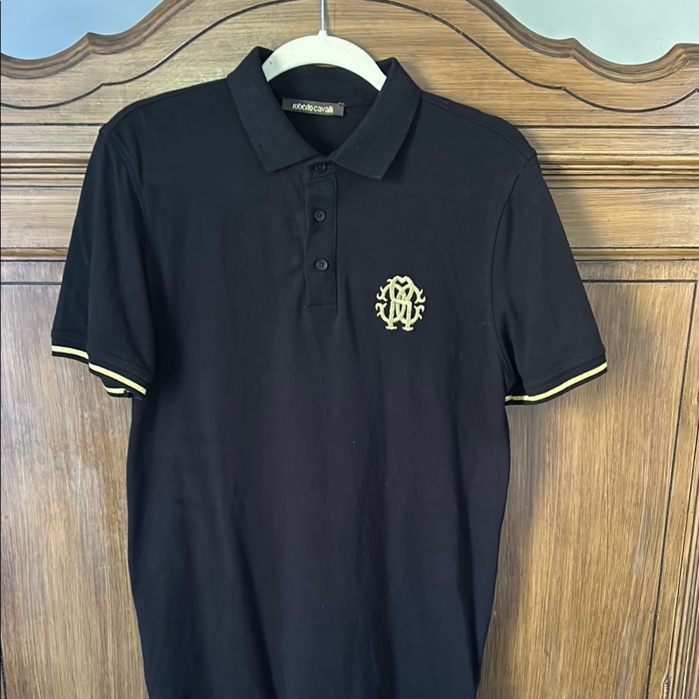 ROBERTO CAVALLI Men's Black & Gold Polo Shirt